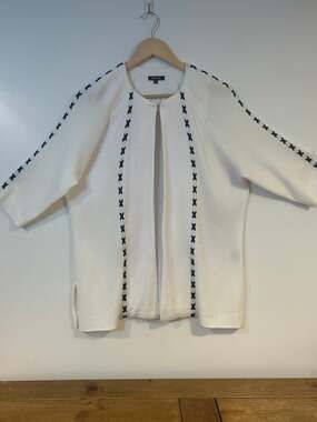 Misook PL Ivory Open-Front Knit Cardigan Bold Black Cross-Stitch Embroidered